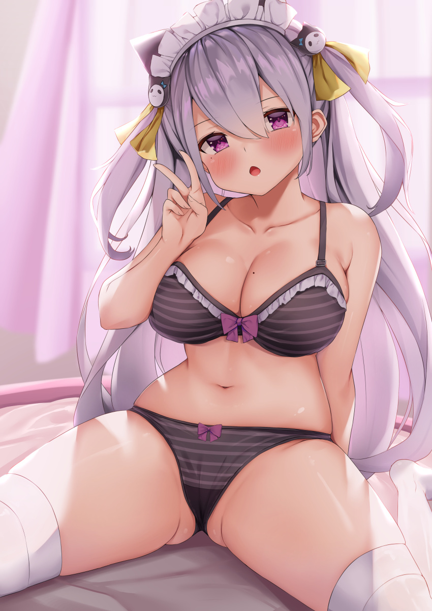 :o, absurdres, bangs, bare_shoulders, black_bra, black_panties, blush, bra