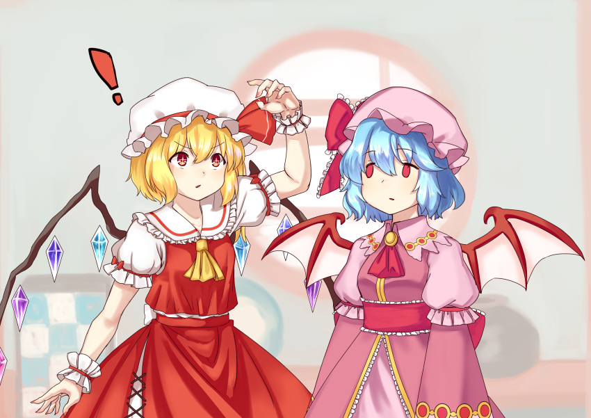!, 2girls, absurdres, ascot, bat_wings, blonde_hair, blue_hair, commentary_request