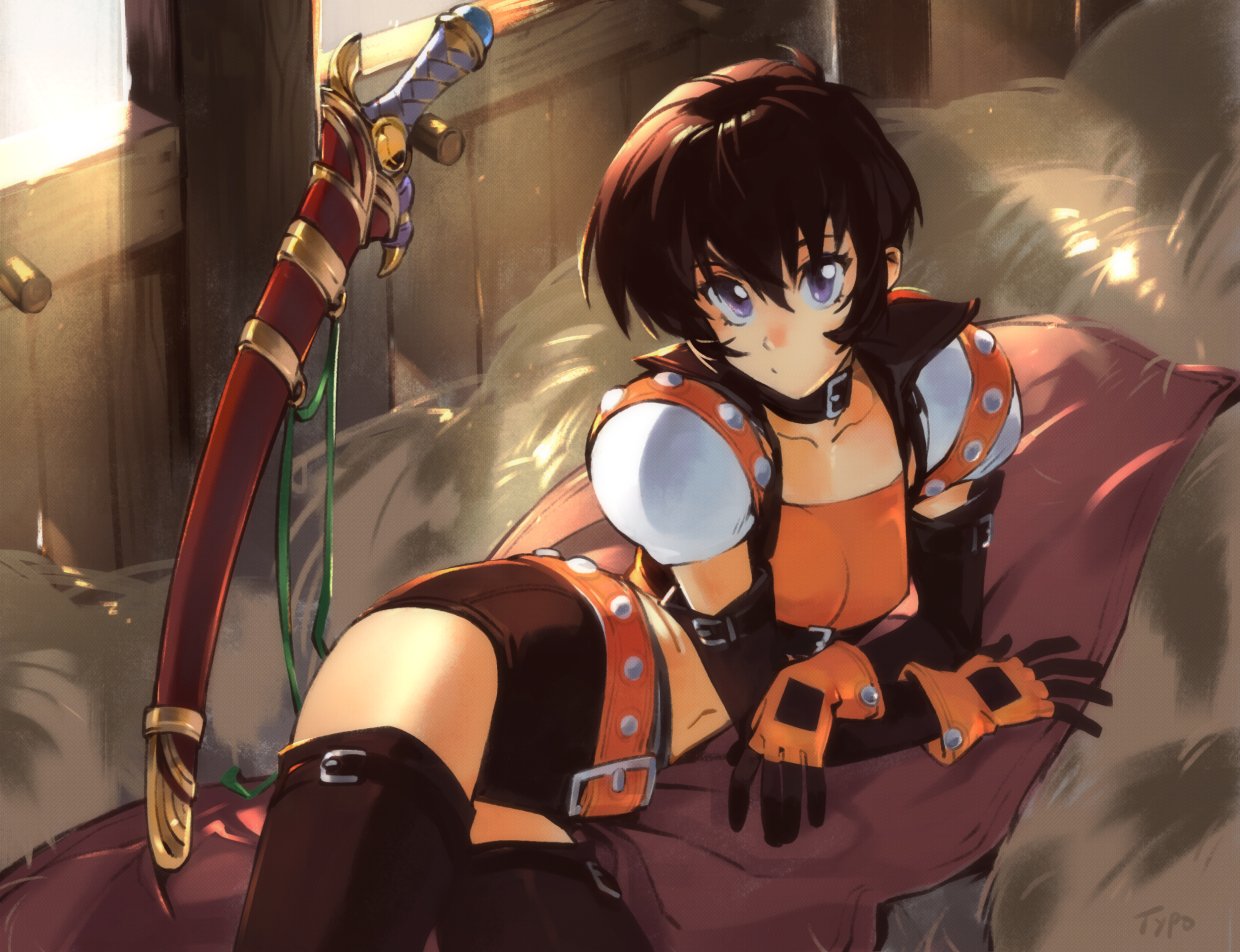 1girl, belt, black_hair, blanket, choker, english_commentary, gloves, hair_between_eyes