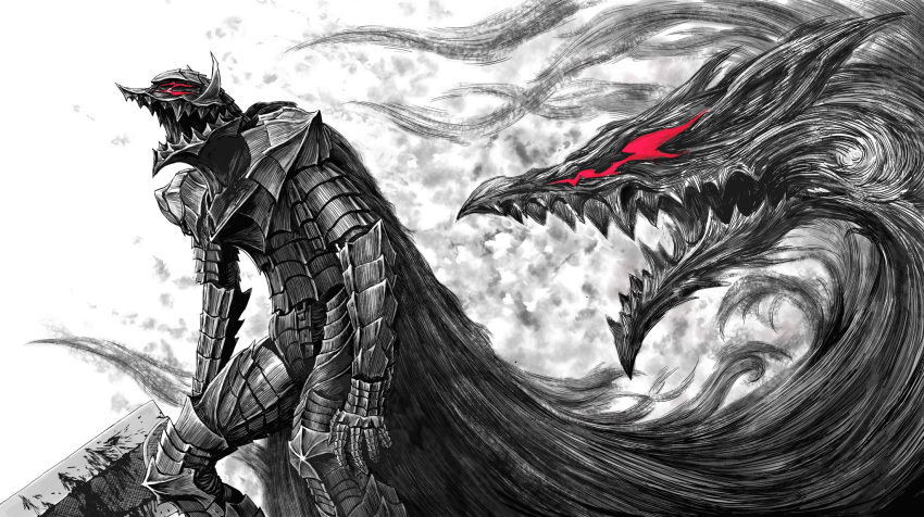1boy, angry, armor, beast_of_darkness_(berserk), berserk, berserker_armor, black_cape, blood, bloody_weapon, cape, dark, dragonslayer_(sword), fantasy, guts_(berserk), highres, huge_weapon, male_focus, open_mouth, red_eyes, shadow, sharp_teeth, spirit, sword, teeth, wangsen578, weapon, white_background