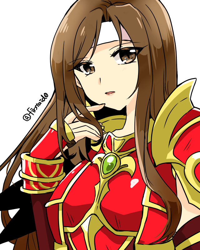 1girl, altena_(fire_emblem), armor, bangs, breastplate, brown_eyes, brown_hair, fire_emblem, fire_emblem:_genealogy_of_the_holy_war, headband, lips, long_hair, looking_at_viewer, open_mouth, parted_bangs, shoulder_armor, simple_background, solo, solo_focus, white_background, white_headband, yukia_(firstaid0)