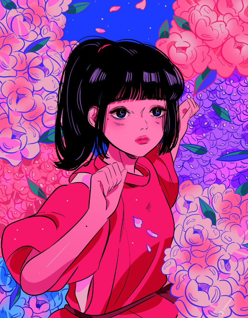 1girl, absurdres, bangs, black_hair, blue_eyes, blunt_bangs, blush, colored_skin, eyeshadow, floral_background, flower, highres, lips, makeup, mole, mole_under_eye, ogino_chihiro, pink_skin, ponytail, red_sash, red_shirt, sash, sen_to_chihiro_no_kamikakushi, shirt, solo, stephanie_priscilla, studio_ghibli, upper_body