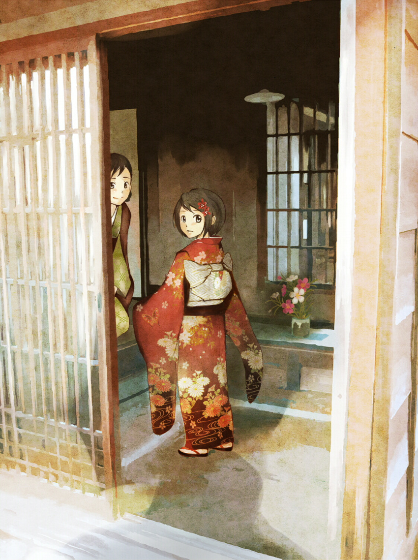 2girls, bad_id, brown_hair, flower, grey_eyes, hair_flower, hair_ornament, highres