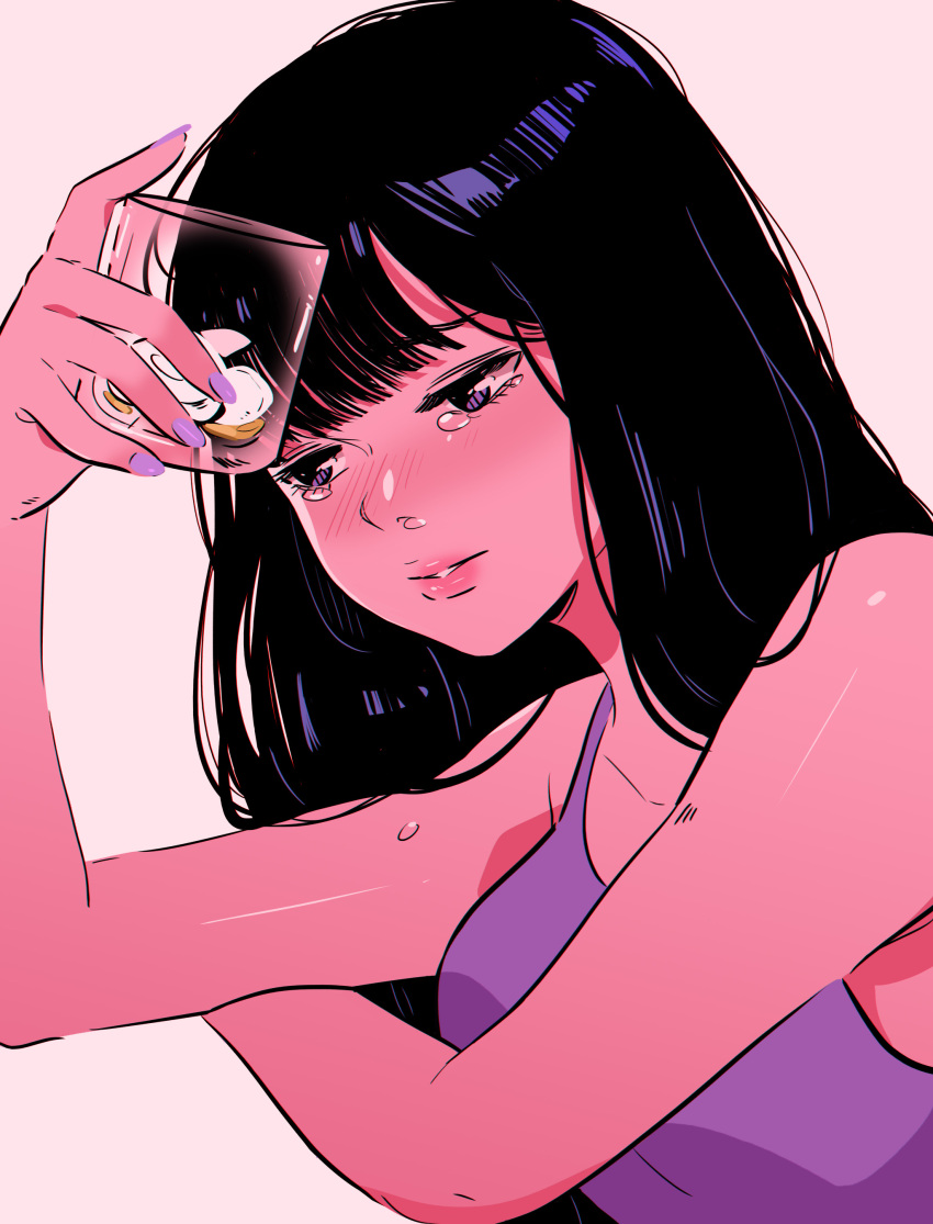 1girl, absurdres, alcohol, bangs, black_hair, blunt_bangs, blush, colored_skin