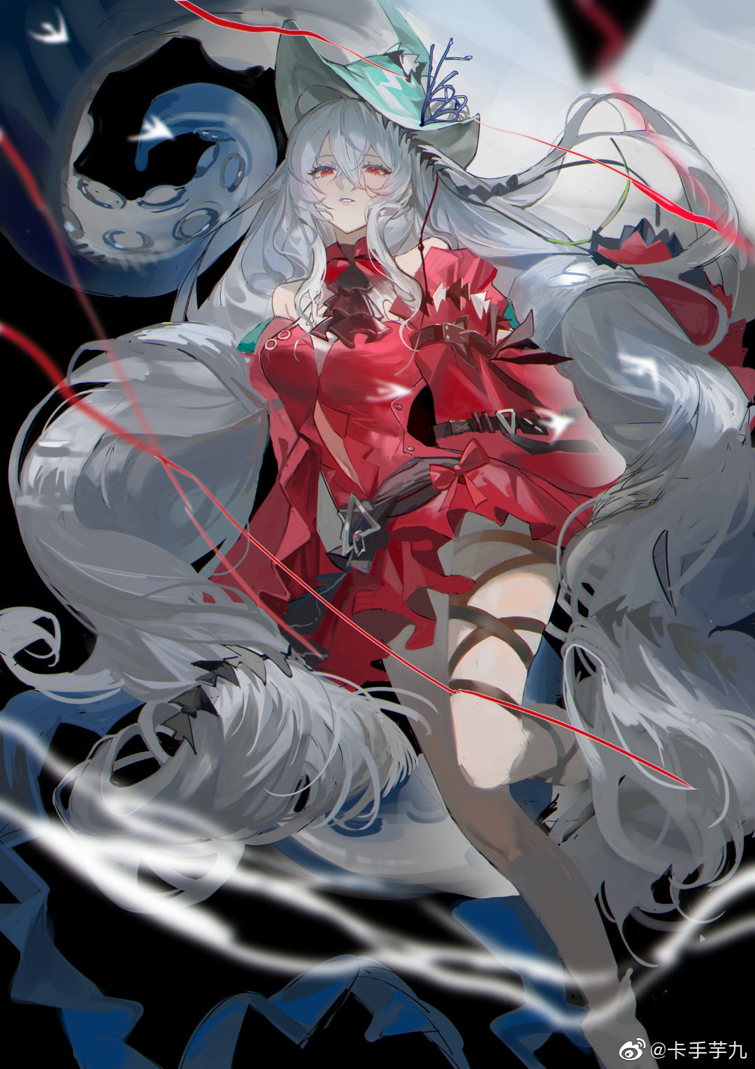 1girl, aqua_headwear, arknights, bangs, bare_shoulders, black_background, black_ribbon, breasts