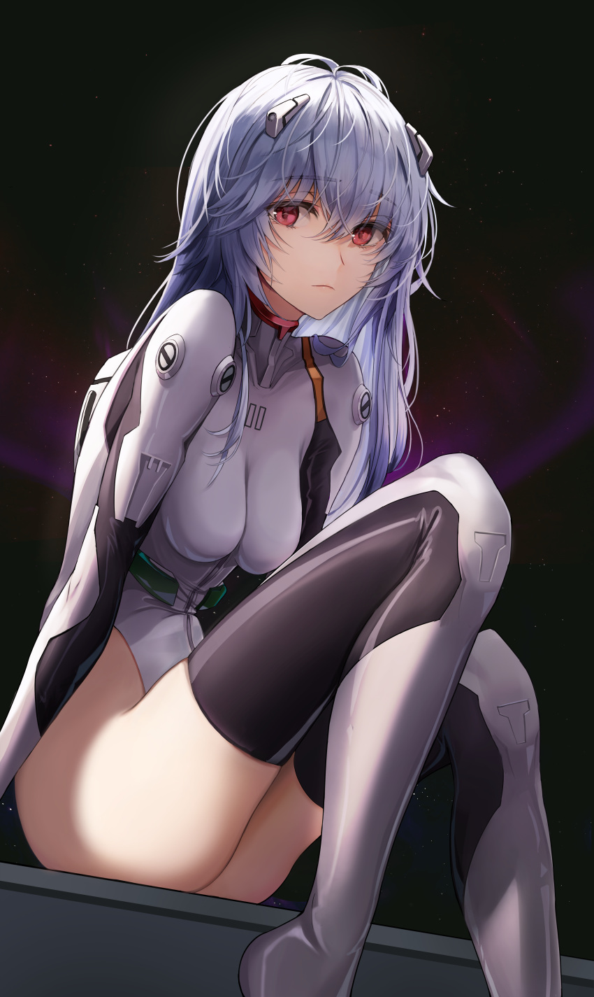 1girl, absurdres, ass, ayanami_rei, bangs, black_background, breasts, closed_mouth