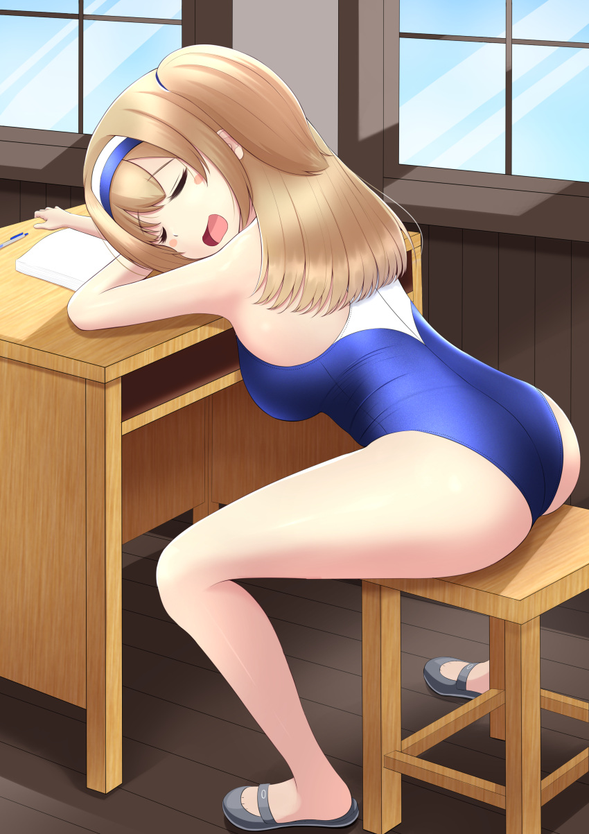 1girl, absurdres, ass, blush_stickers, closed_eyes, commentary_request, desk, full_body
