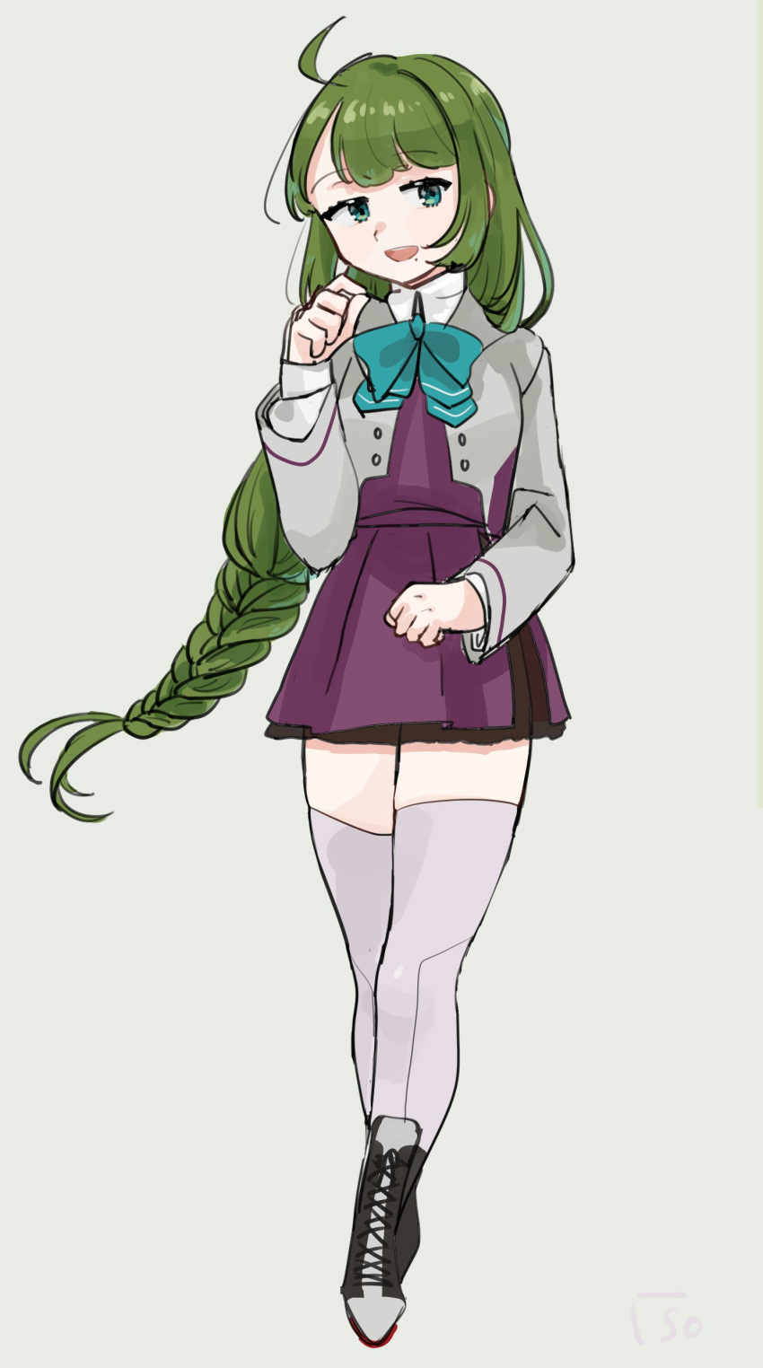 1girl, absurdres, ahoge, blazer, blue_eyes, boots, bow, bowtie, braid, cross-laced_footwear, full_body, green_hair, green_neckwear, grey_background, grey_legwear, halterneck, highres, jacket, kantai_collection, kosame_(iso), lace-up_boots, long_hair, looking_at_viewer, mole, mole_under_mouth, remodel_(kantai_collection), school_uniform, simple_background, single_braid, smile, solo, thigh-highs, very_long_hair, yuugumo_(kancolle)