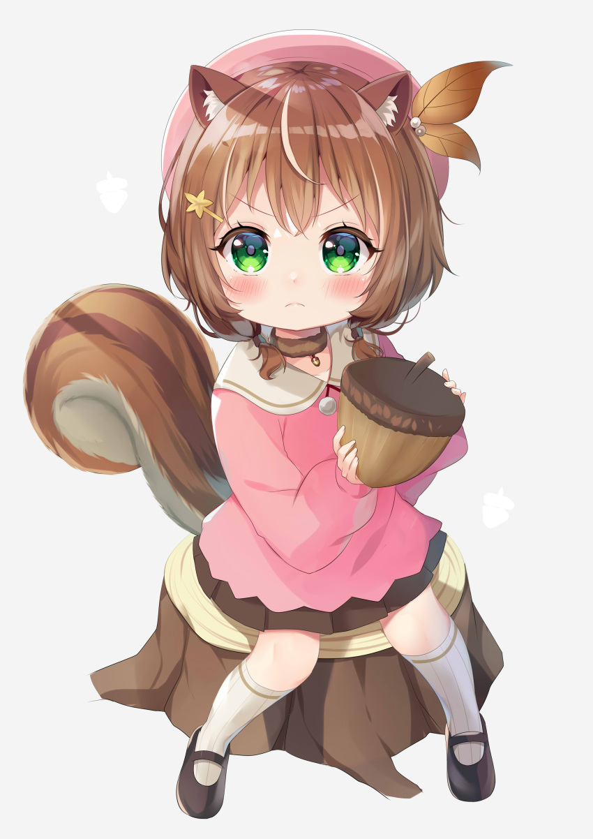 1girl, absurdres, acorn, acorn_pendant, angry, animal_ear_fluff, animal_ears, ayunda_risu, beret, brown_hair, brown_skirt, child, choker, collar, fur_choker, green_eyes, hair_leaf, hair_ornament, hairclip, hat, highres, hololive, hololive_indonesia, ikazu401, kindergarten_uniform, looking_at_viewer, mary_janes, medium_hair, nut_(food), pink_headwear, pink_shirt, pleated_skirt, shirt, shoes, sitting, skirt, socks, solo, squirrel_ears, squirrel_girl, squirrel_tail, tail, tree_stump, twintails, white_collar, white_legwear, younger