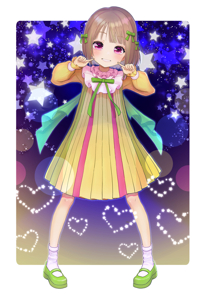 1girl, absurdres, ankle_socks, asymmetrical_hair, back_bow, bare_legs, blush, bob_cut, bow, bowtie, brown_hair, chocomarybadend, dress, green_bow, green_footwear, grey_hair, hair_bow, highres, huge_bow, huge_filesize, long_sleeves, love_live!, love_live!_nijigasaki_high_school_idol_club, mary_janes, mutekikyuu_believer, nakasu_kasumi, pleated_dress, pointing, pointing_at_self, puffy_long_sleeves, puffy_sleeves, red_eyes, shoes, short_hair, striped, vertical_stripes, yellow_dress