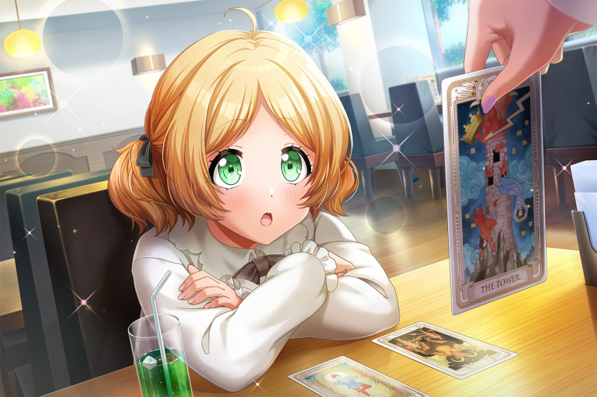 1girl, blonde_hair, blush, d4dj, dress, green_eyes, official_art, short_hair