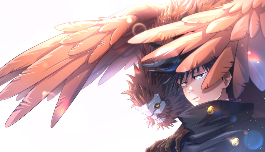 1boy, bangs, bird, black_eyes, black_hair, black_jacket, fushiguro_megumi, gakuran