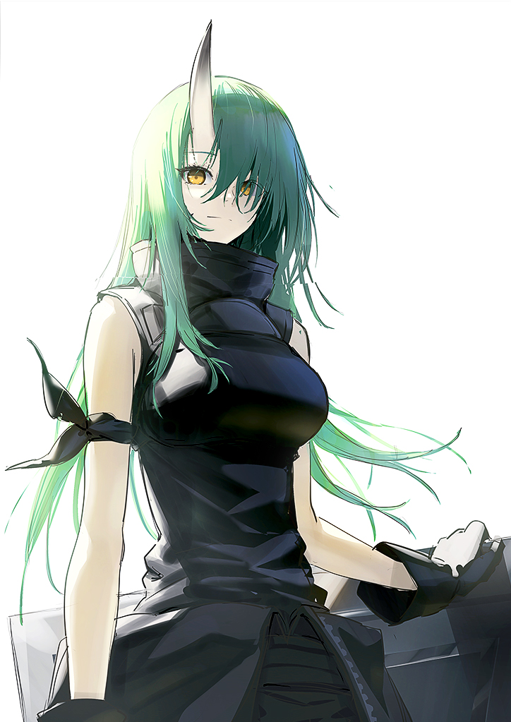 1girl, arknights, armband, armor, backlighting, black_gloves, black_pants, black_shirt