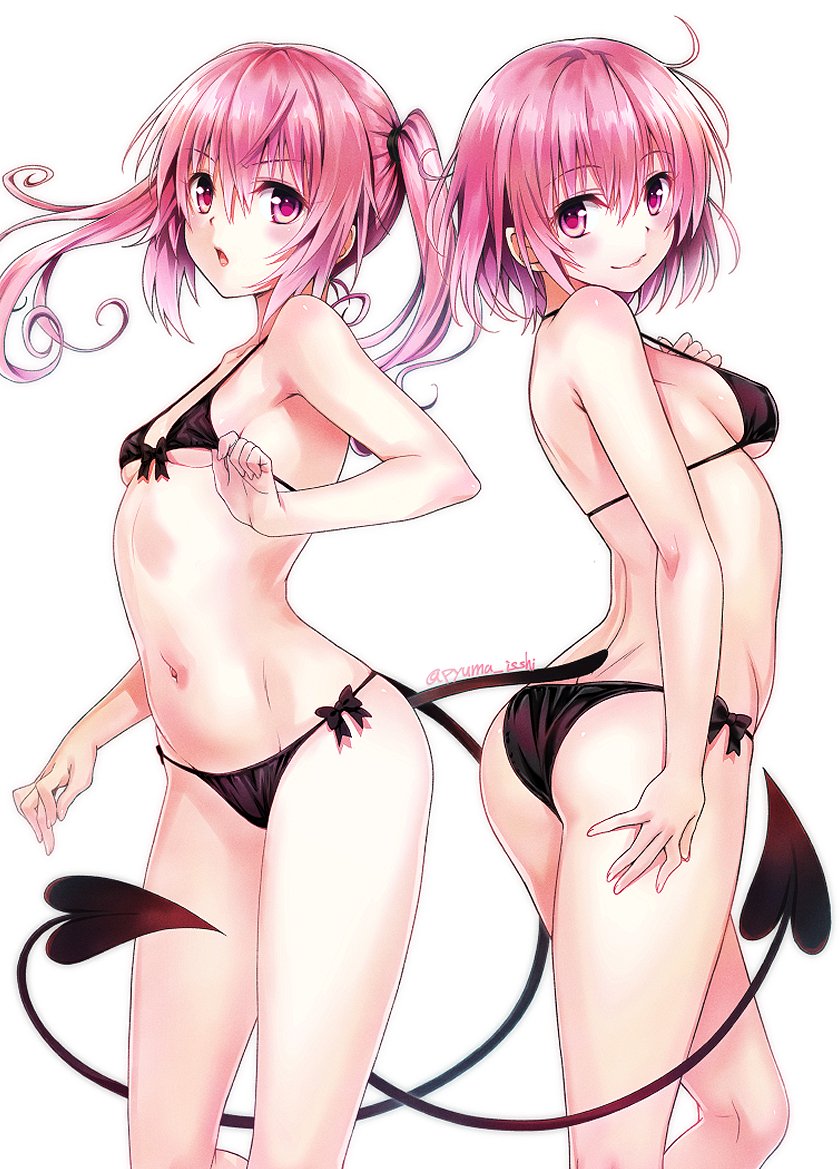 2girls, ahoge, ass, back-to-back, bikini, black_bikini, blush, breasts