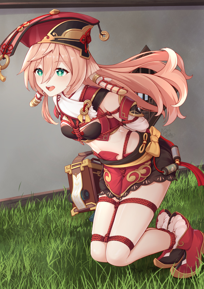 1girl, :d, antlers, arms_behind_back, bare_shoulders, bdsm, black_bra, black_shorts