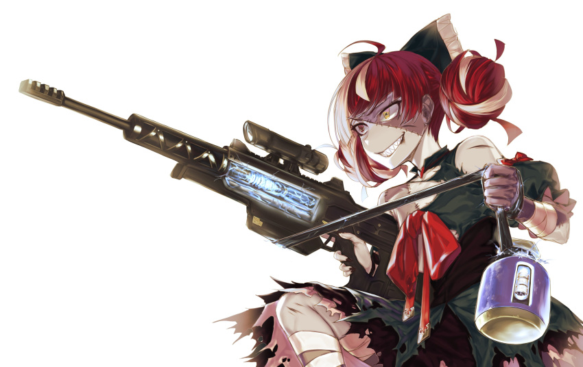 1girl, absurdres, apex_legends, bandaged_arm, bandaged_leg, bandages, bangs, black_bow, black_dress, bow, cable, ckhd, colored_skin, double_bun, dress, electricity, grey_hair, grey_skin, gun, hair_behind_ear, hair_bow, heterochromia, highres, holding, holding_gun, holding_weapon, hololive, hololive_indonesia, huge_bow, kureiji_ollie, multicolored_hair, red_bow, red_eyes, redhead, rifle, scope, sentinel_esr, sharp_teeth, smile, sniper_rifle, solo, teeth, torn_clothes, torn_dress, two-tone_hair, upper_body, virtual_youtuber, weapon, white_background, yellow_eyes, zombie
