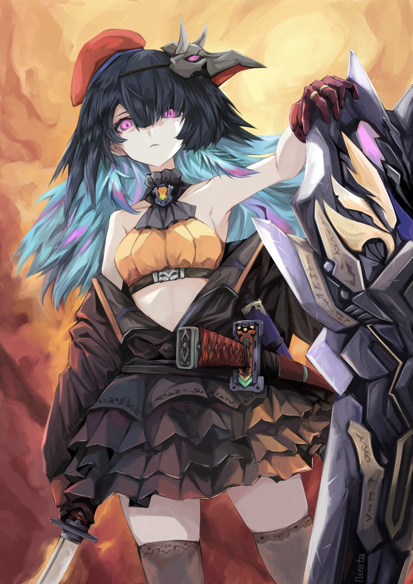 1girl, absurdres, alternate_costume, bangs, beret, bird_mask, black_dress, black_hair