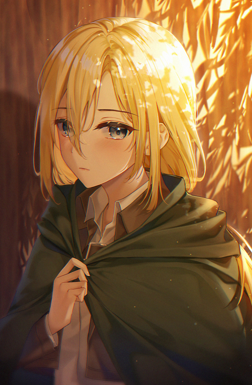 1girl, bangs, blonde_hair, blue_eyes, blush, brown_jacket, cloak, collared_shirt, connie_(keean2019), green_cloak, hair_behind_ear, hair_between_eyes, highres, historia_reiss, jacket, long_hair, looking_at_viewer, shadow, shingeki_no_kyojin, shirt, solo, tearing_up, upper_body, white_shirt