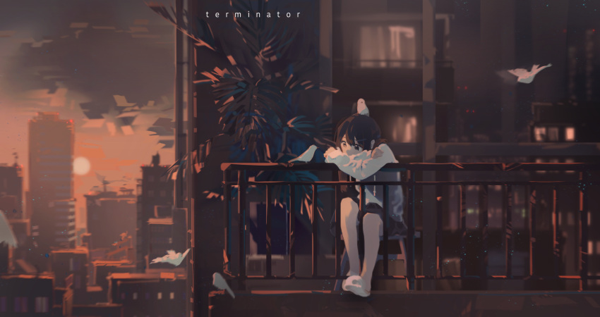 1girl, absurdres, animal, balcony, bangs, bird, black_hair, building