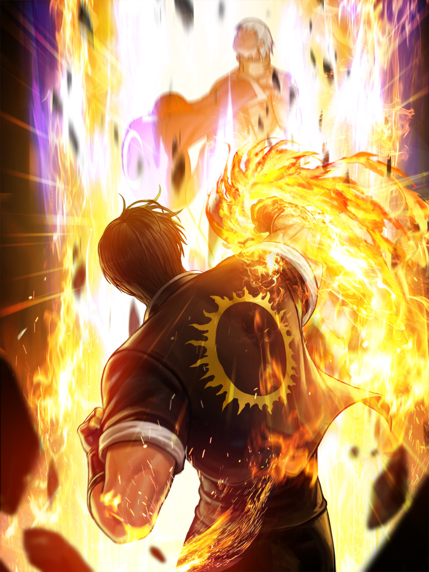 3boys, black_collar, black_jacket, black_sleeves, collar, fire, flaming_hand, from_behind, gloves, grabbing, highres, jacket, kusanagi_kyou, multiple_boys, neck_lift, official_art, orochi_(kof), purple_fire, pyrokinesis, school_uniform, snk, the_king_of_fighters, the_king_of_fighters_'97, the_king_of_fighters_all-stars, yagami_iori