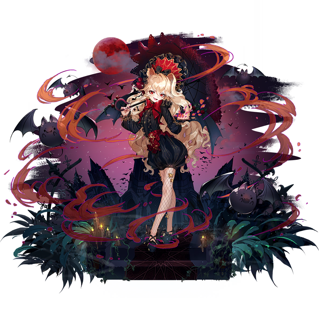 1girl, :d, artist_request, bangs, bat_wings, black_footwear, black_headwear, black_shirt, black_shorts, blonde_hair, bonnet, bow, castle, catalina_(clover_theater), clover_theater, creature, fishnet_legwear, fishnets, flower, full_body, full_moon, hair_between_eyes, hands_up, high_heels, holding, holding_umbrella, long_hair, long_sleeves, looking_at_viewer, moon, night, official_art, open_mouth, pantyhose, plant, puffy_shorts, red_bow, red_eyes, red_flower, red_moon, red_rose, rose, shirt, shorts, smile, solo, standing, striped, transparent_background, umbrella, vertical_stripes, very_long_hair, wings