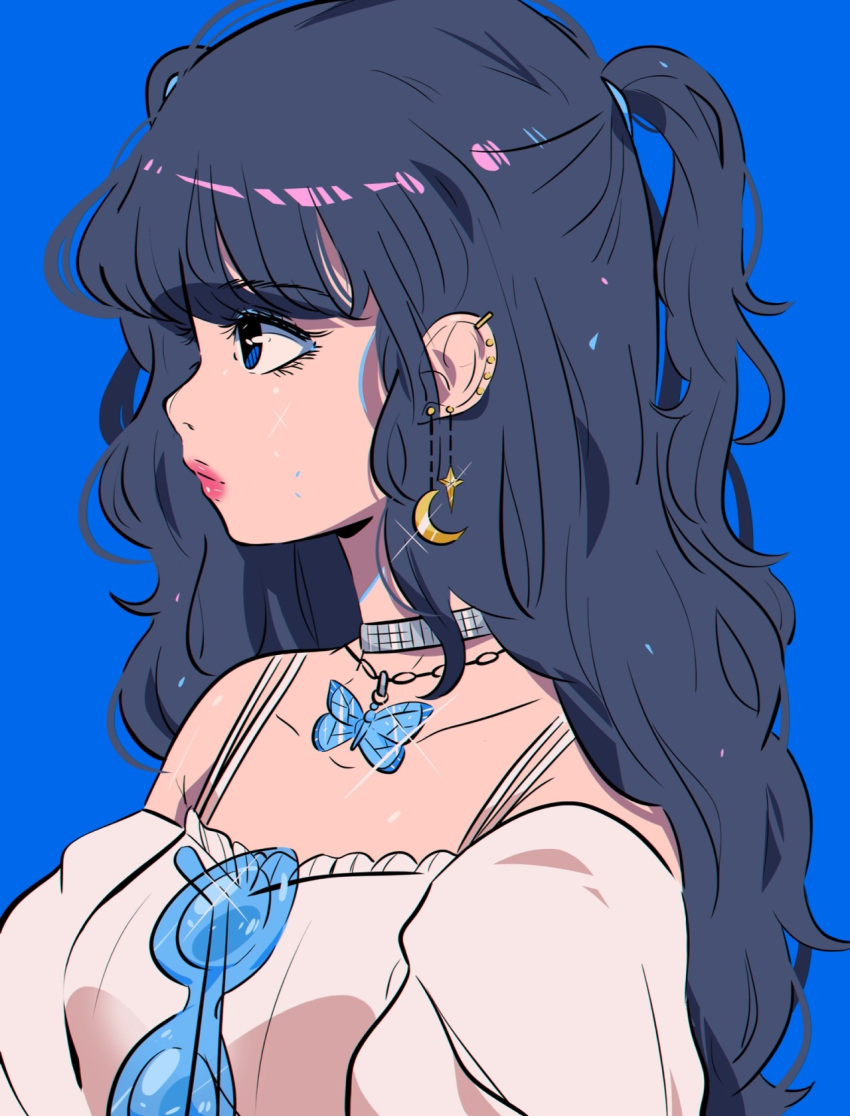 1girl, bangs, black_hair, blue_background, blue_eyes, bug, butterfly, collar