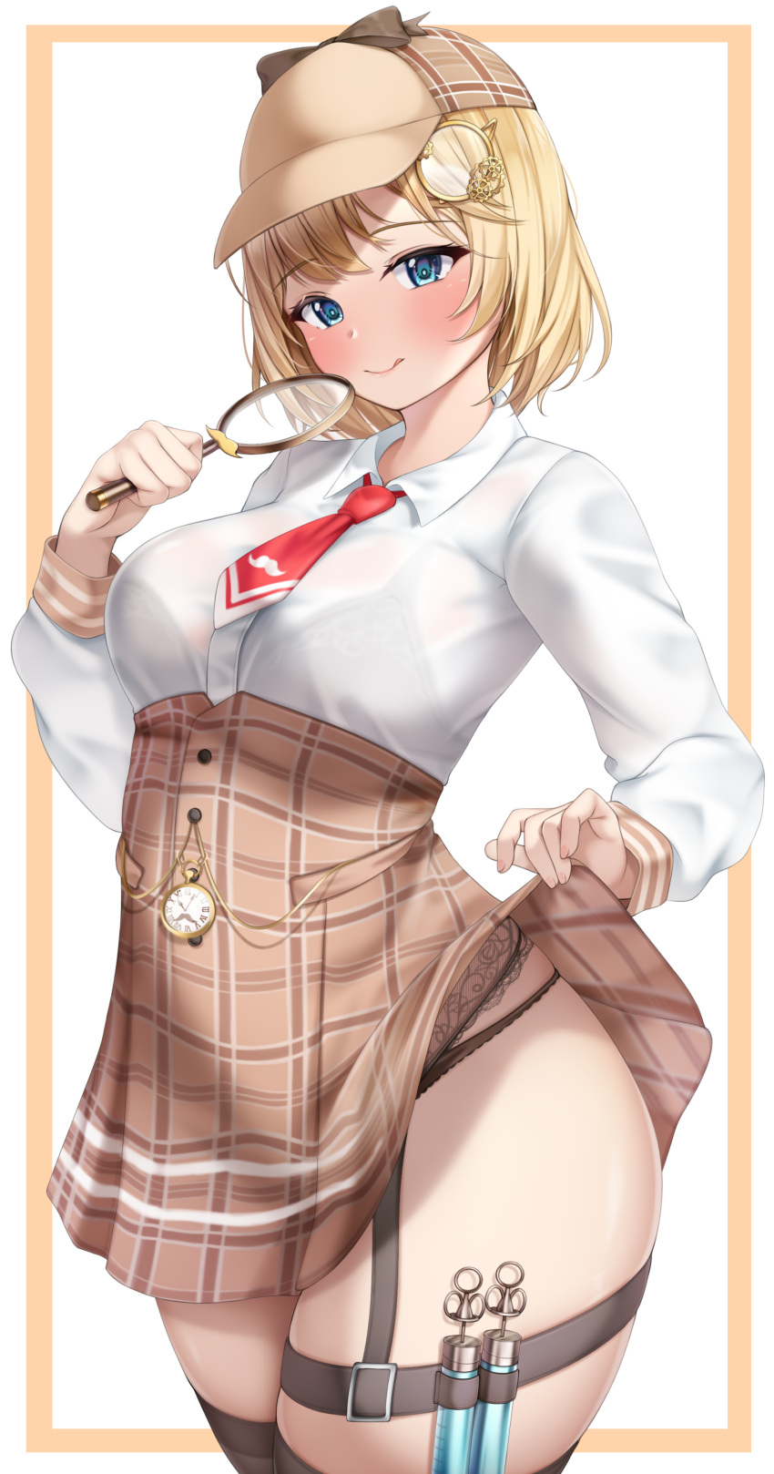 1girl, absurdres, arm_up, bangs, black_legwear, black_panties, blonde_hair, blue_eyes