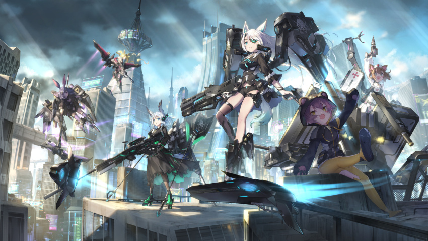 6+girls, :d, animal_ear_fluff, animal_ears, animal_hood, arm_up, armor_girls, bangs