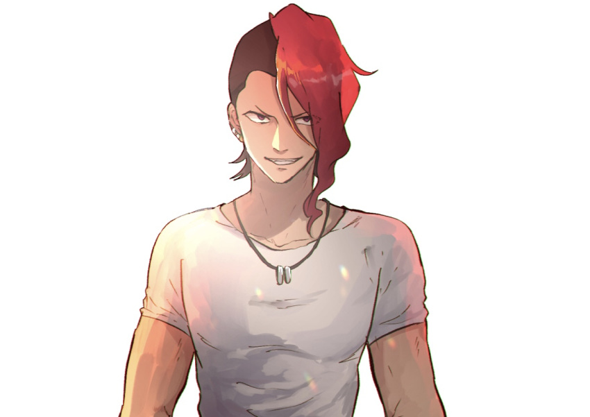 1boy, brown_eyes, brown_hair, gridman_universe, grin, jewelry, looking_at_viewer, male_focus