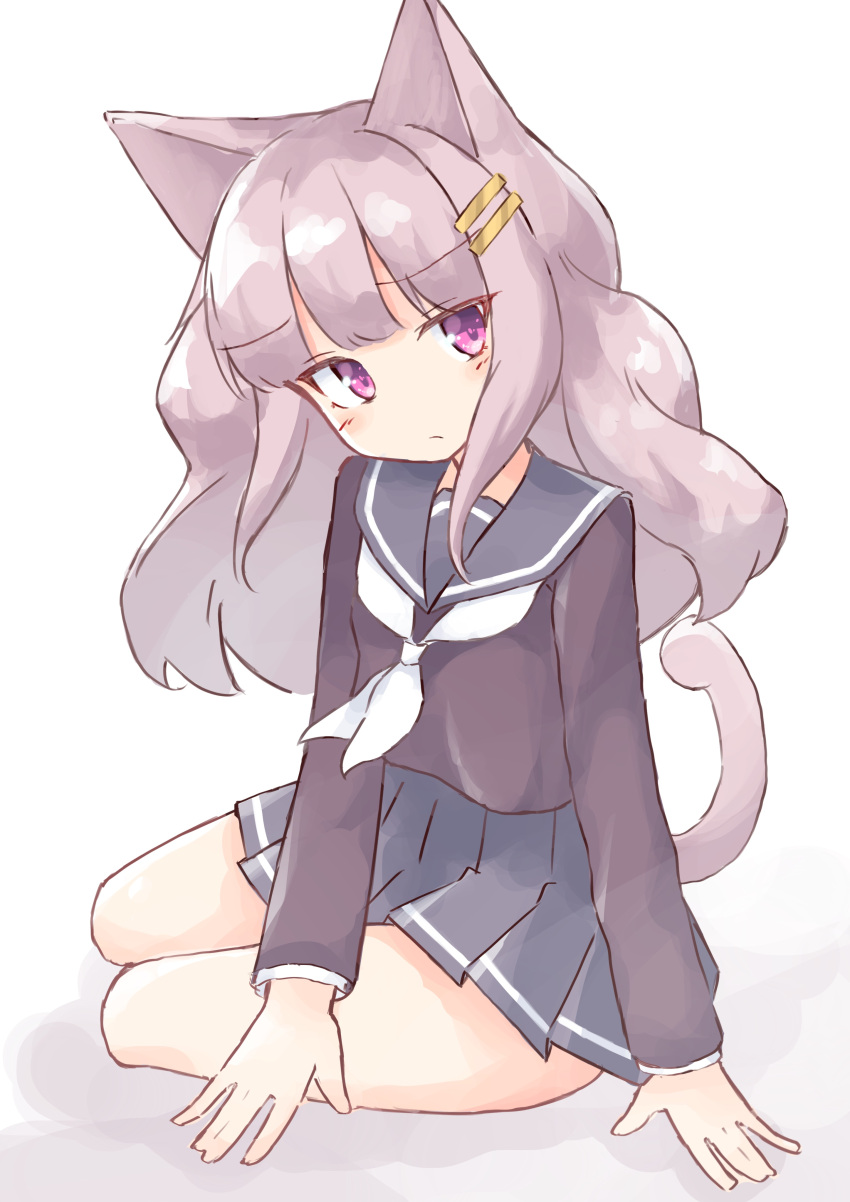 1girl, absurdres, animal_ears, bangs, black_sailor_collar, black_shirt, black_skirt, blush