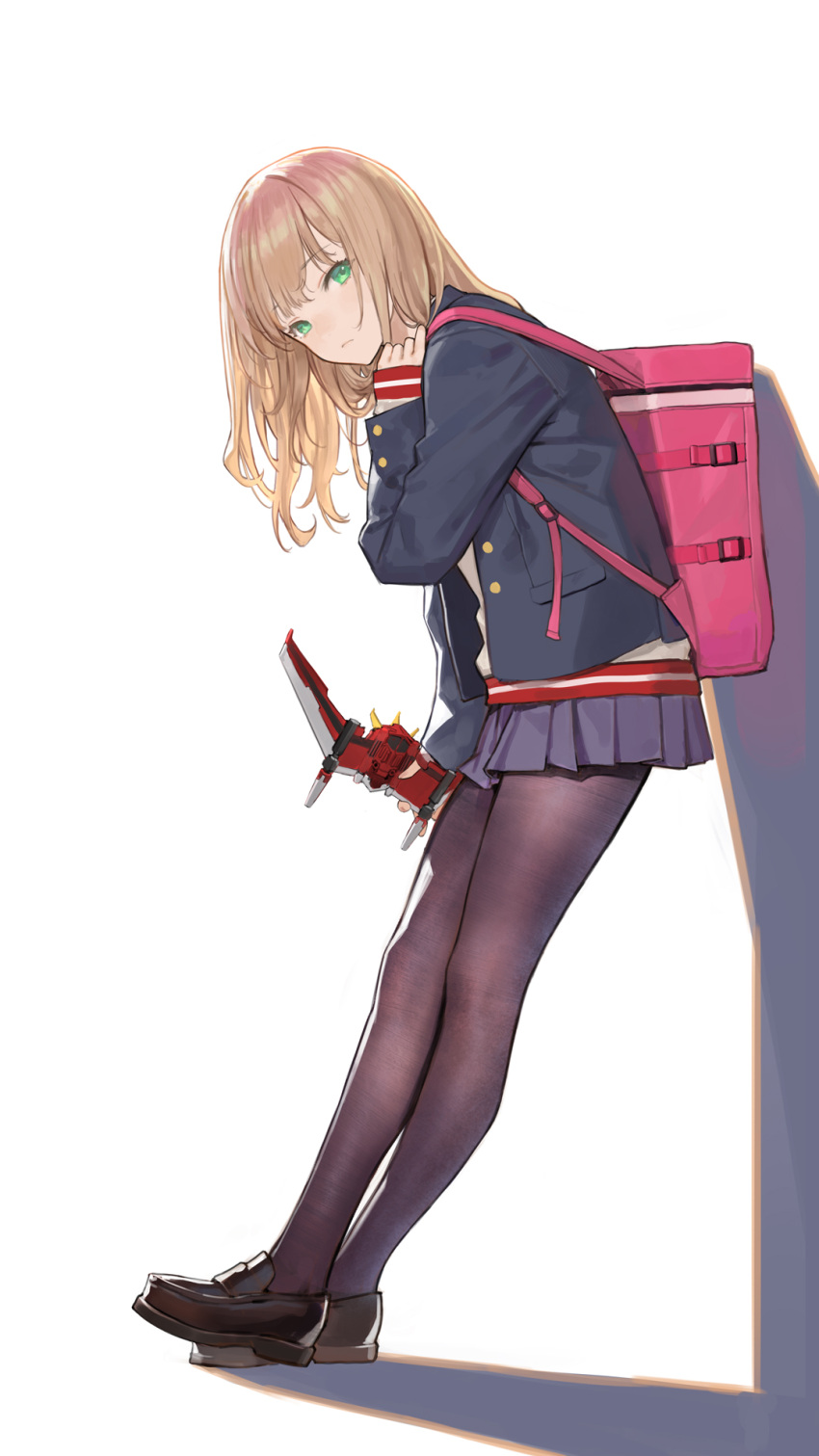 1girl, backpack, bag, bangs, black_footwear, blazer, blue_jacket, brown_hair, cancer_(zjcconan), dyna_wing, eyebrows_visible_through_hair, green_eyes, gridman_universe, head_tilt, highres, holding, holding_toy, jacket, leaning_forward, looking_at_viewer, medium_hair, minami_yume, pantyhose, school_uniform, shadow, solo, ssss.dynazenon, toy