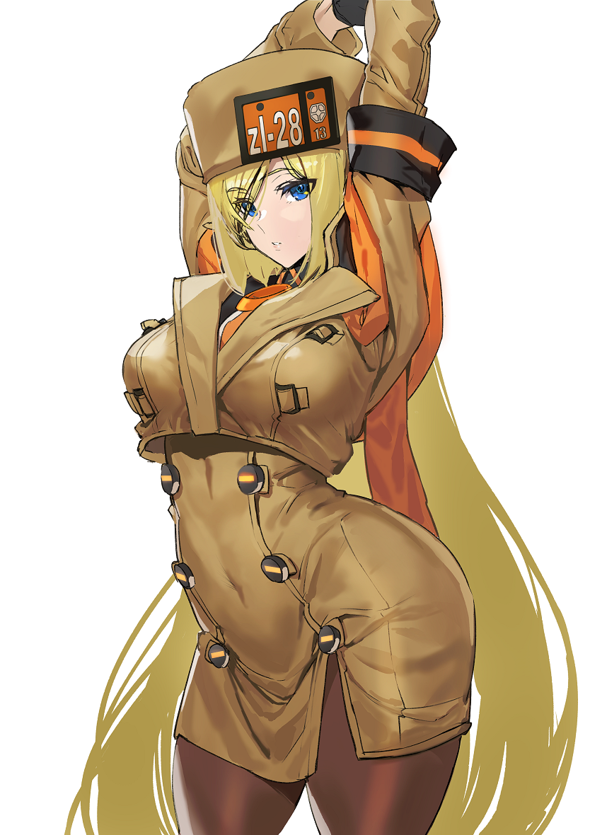 1girl, arm_scarf, arms_up, ashiomi_masato, bangs, black_gloves, blonde_hair, blue_eyes, breasts, brown_coat, brown_headwear, buttons, coat, eyebrows_visible_through_hair, fur_hat, gloves, guilty_gear, guilty_gear_strive, hair_between_eyes, hat, large_breasts, leggings, long_hair, looking_at_viewer, millia_rage, simple_background, solo, standing, thigh-highs, ushanka, very_long_hair, white_background, wide_hips