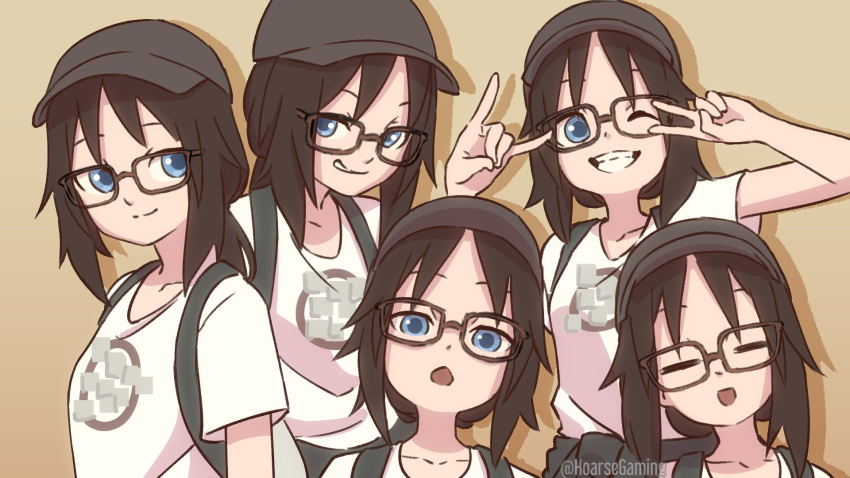 5girls, asaka_yanoha, backpack, bag, baseball_cap, beige_background, black_headwear, blue_eyes, borrowed_character, brown_hair, chestnut_mouth, clone, closed_eyes, closed_mouth, english_commentary, glasses, hat, highres, horsefeathers, licking_lips, long_hair, looking_at_viewer, multiple_girls, one_eye_closed, original, shadow, shirt, short_sleeves, simple_background, smile, teeth, tongue, tongue_out, twitter_username, upper_body, vrchat, white_shirt