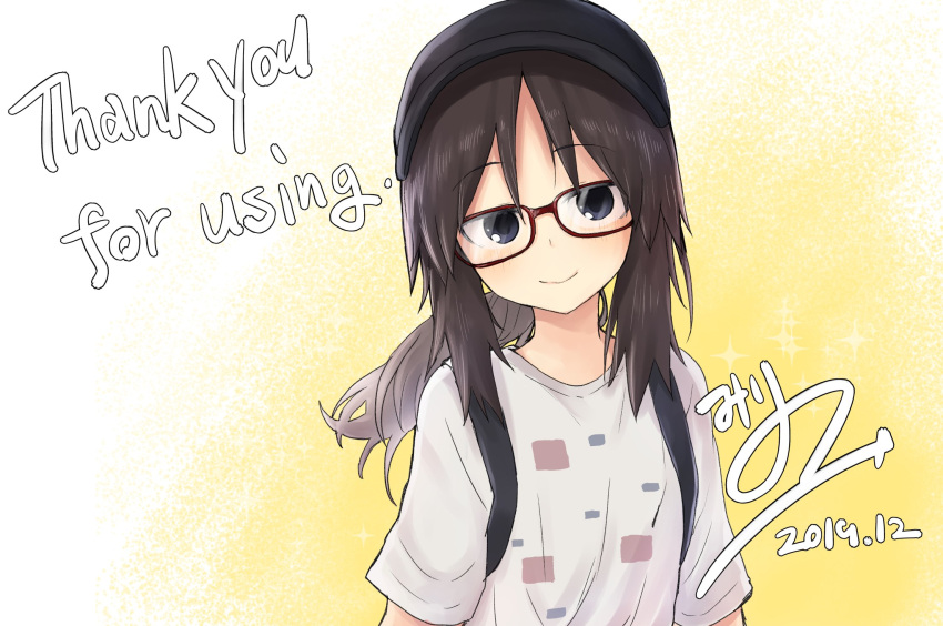 asaka_yanoha, backpack, bag, black_eyes, black_headwear, brown_hair, commentary_request, dated, english_text, glasses, gradient, gradient_background, hat, highres, looking_at_viewer, mirino, original, ponytail, shirt, short_sleeves, sidelocks, signature, thank_you, upper_body, vrchat, white_background, white_shirt, yellow_background