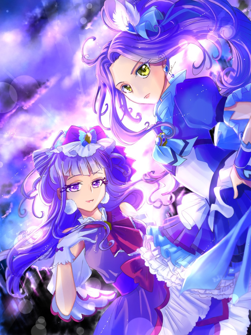 2girls, blue_choker, blue_neckwear, blue_ribbon, bow, brooch, choker, closed_mouth