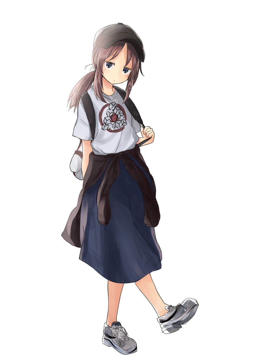 1girl, asaka_yanoha, backpack, bag, baseball_cap, black_eyes, black_headwear, blue_skirt
