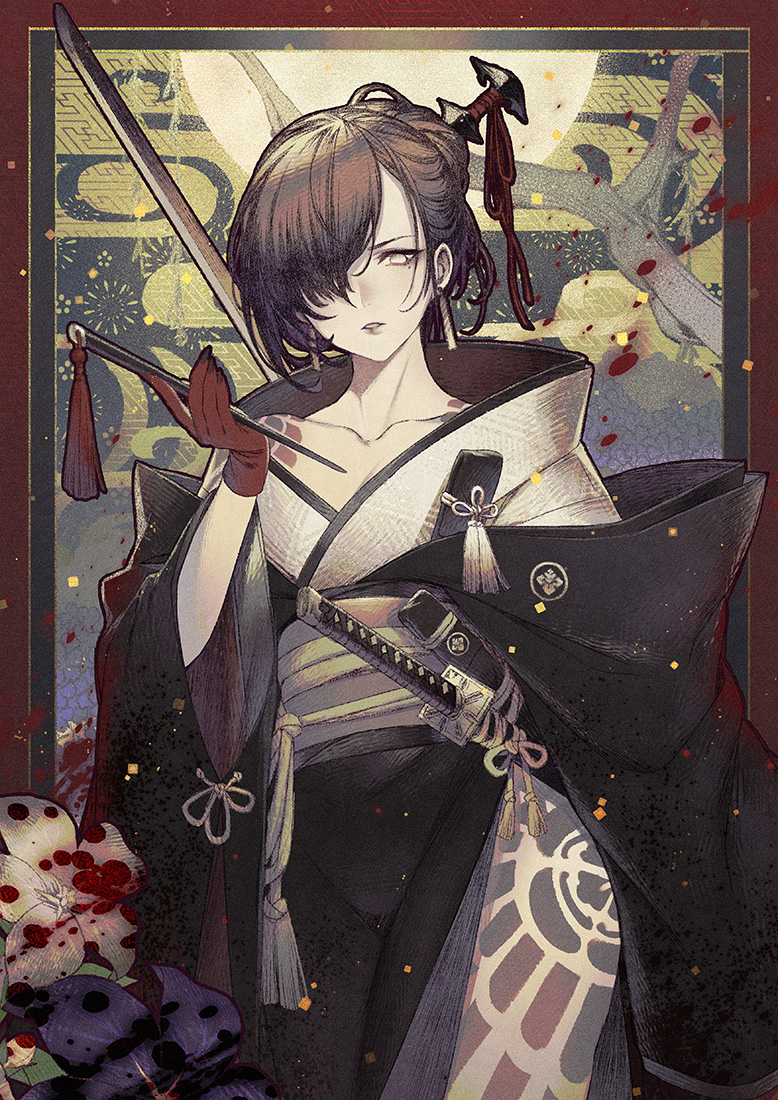 akeha_(nier_reincarnation), bare_shoulders, black_nails, earrings, gloves, grey_eyes, hair_over_one_eye, japanese_clothes