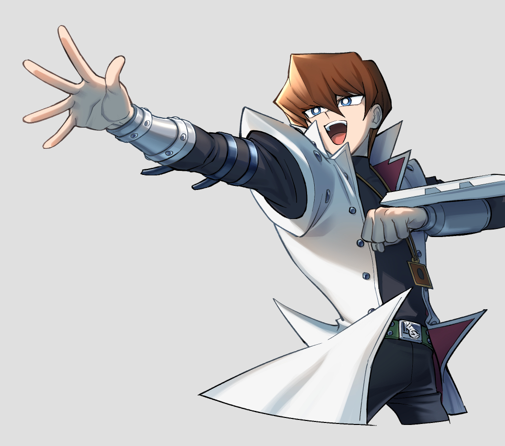 1boy, :d, bangs, belt, belt_buckle, black_pants, blue_eyes, bright_pupils