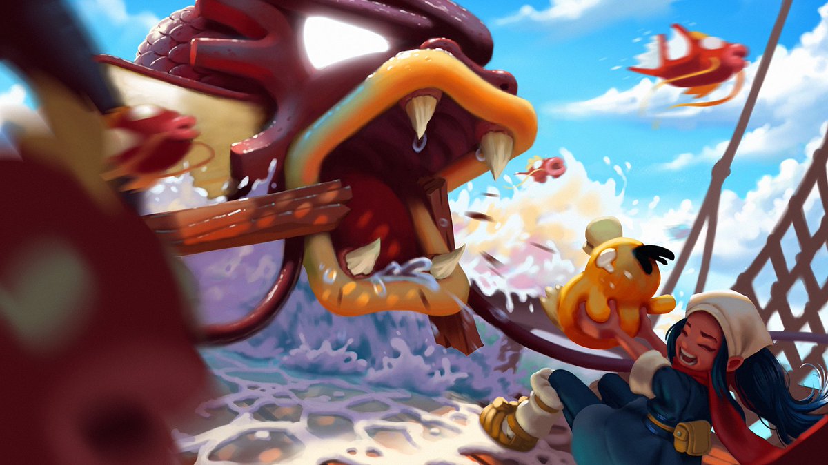 black_hair, blue_sky, boat, closed_eyes, fangs, female_protagonist_(pokemon_legends:_arceus), fins, gen_1_pokemon