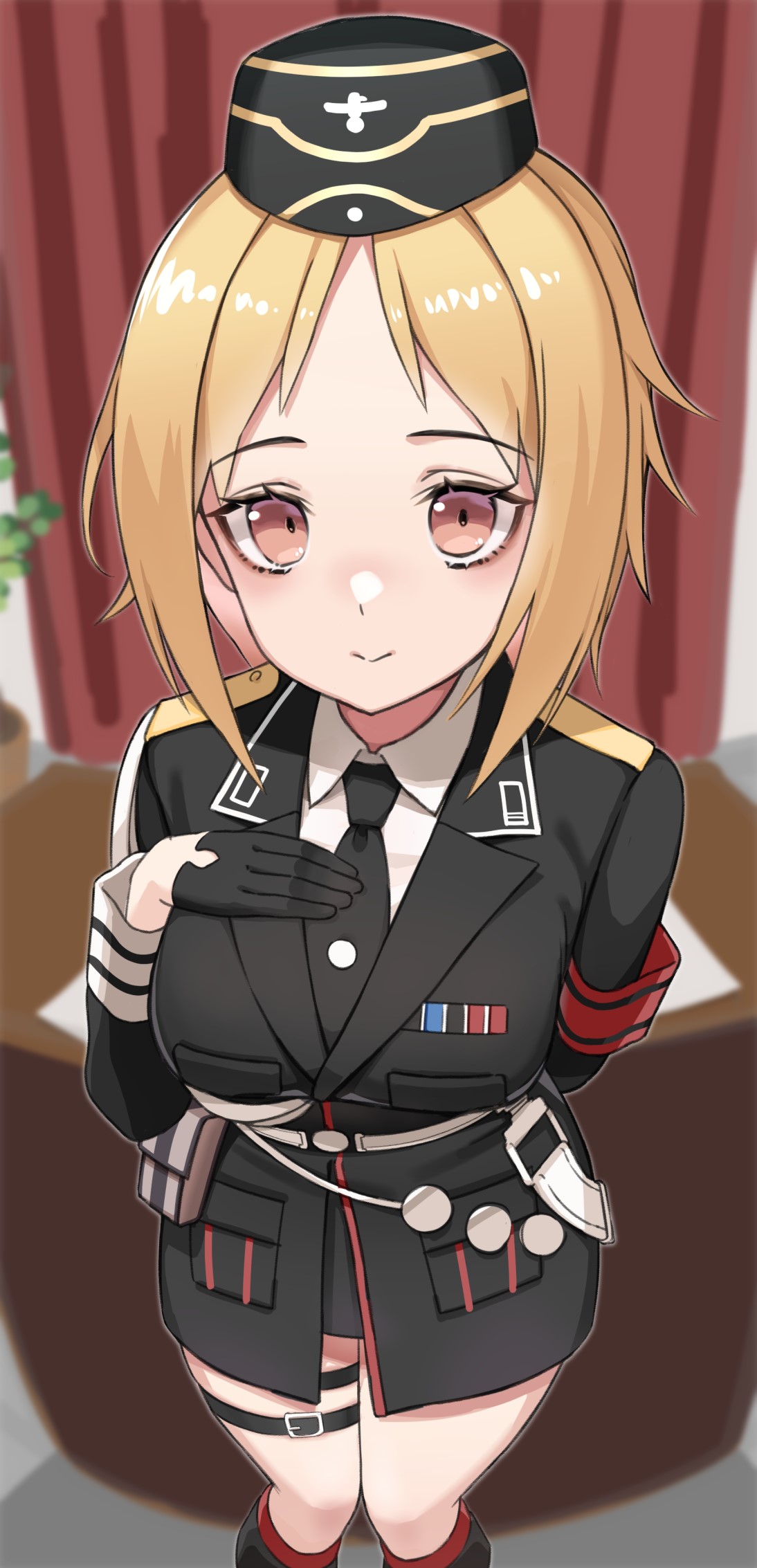 1girl, blonde_hair, breasts, brown_eyes, collared_shirt, girls_frontline, gloves, highres