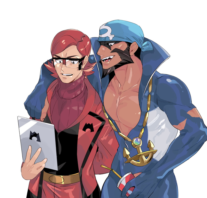 2boys, anchor_necklace, archie_(pokemon), arm_behind_back, beard, belt, black_eyes, blue_bandana