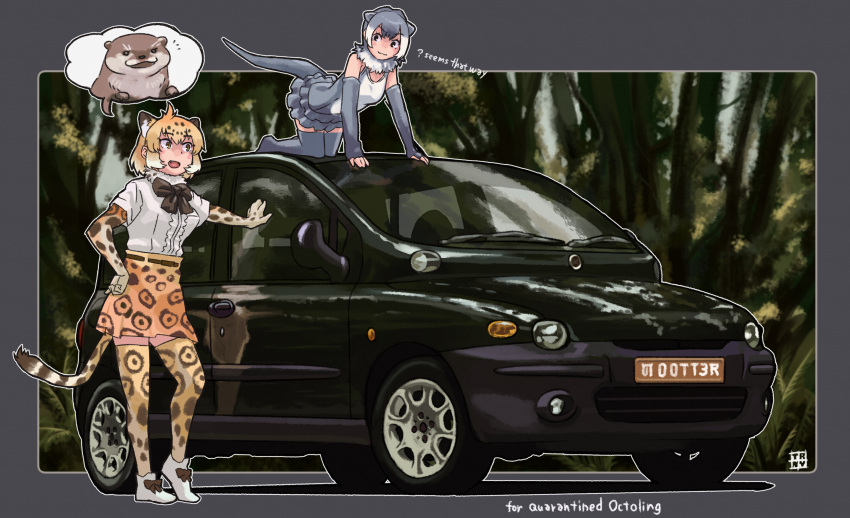2girls, absurdres, animal_ears, bare_shoulders, black_neckwear, blonde_hair, bow, bowtie
