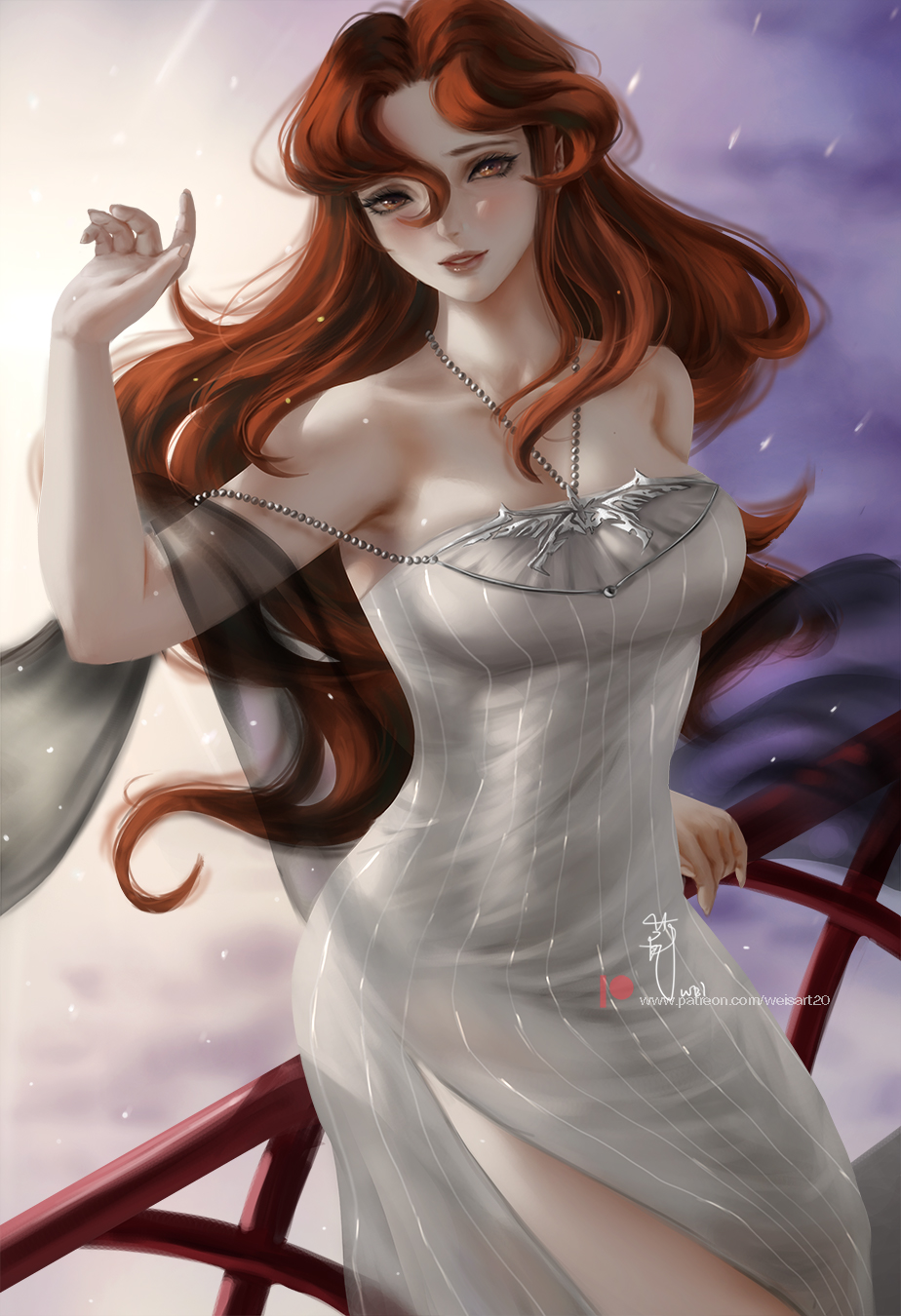 bangs, bare_shoulders, blush, castlevania, castlevania_(netflix), dress, hand_up, highres, jewelry, leaning_on_rail, lenore_(castlevania), lipstick, looking_at_viewer, makeup, necklace, parted_bangs, pearl_necklace, red_lips, redhead, see-through_silhouette, side_cutout, strapless, strapless_dress, wei_(promise_0820), yellow_eyes