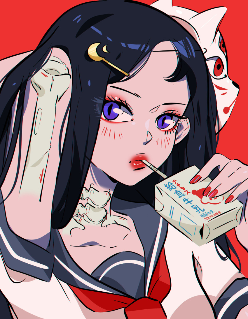 1girl, black_hair, blush, bone, drink, drinking, drinking_straw, drinking_straw_in_mouth