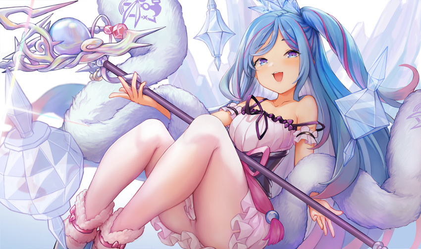 1girl, blue_eyes, blue_hair, blush, dress, duel_monster, gradient_eyes, looking_at_viewer