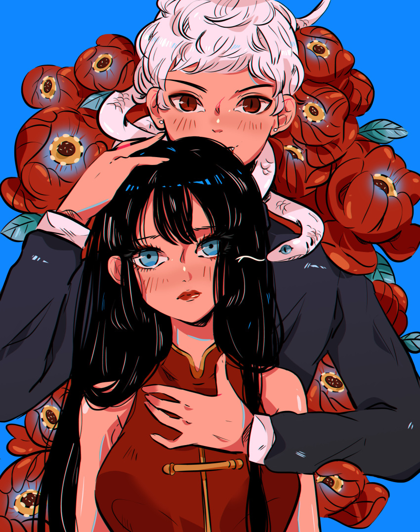 1boy, 1girl, absurdres, bangs, black_hair, black_shirt, blue_background, blue_eyes