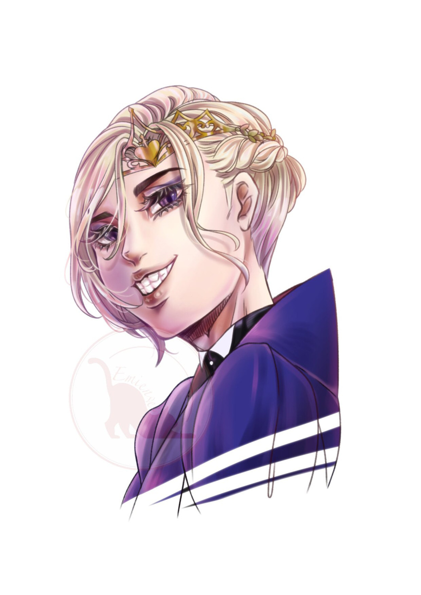 1boy, absurdres, black_shirt, blonde_hair, blue_dress, braid, crown, dress