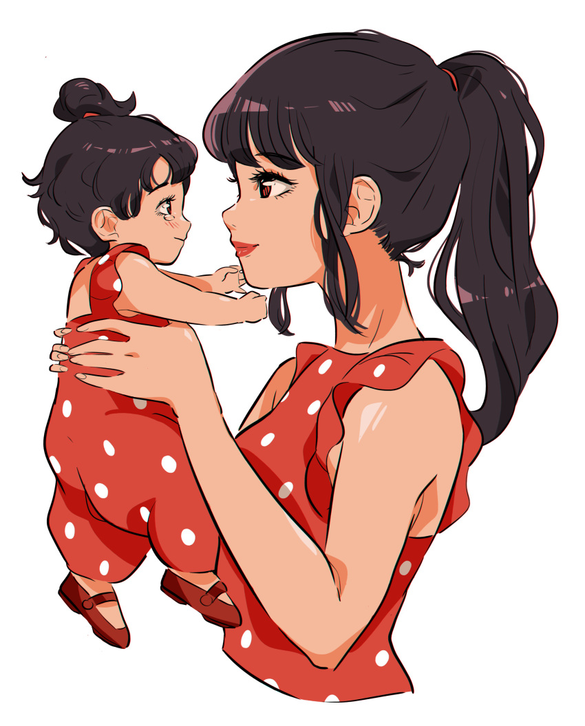 2girls, absurdres, baby, bangs, black_hair, frills, from_side, highres, holding, holding_baby, lips, long_hair, looking_at_another, matching_outfit, mother_and_daughter, multiple_girls, original, polka_dot, ponytail, red_eyes, red_footwear, romper, shirt, shoes, short_hair, stephanie_priscilla, tears, upper_body, white_background