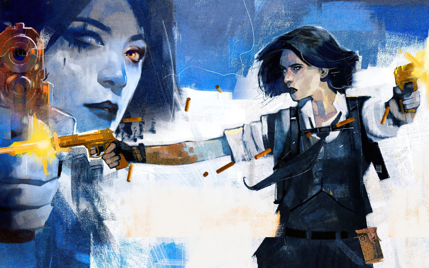 1girl, absurdres, alex_maleev, black_hair, black_lips, bob_cut, brush_(medium), bullet, cloudy_eye, dark_blue_hair, firing, fortnite, genderswap, golden_arms, grafitti, gun, heterochromia, highres, holding, holding_gun, holding_weapon, looking_at_viewer, marigold_(fortnite), necktie, official_art, outstretched_arms, paint, portrait, scar, scar_across_eye, short_hair, sleeve_cuffs, sleeves_rolled_up, solo, tattoo, vest, weapon, white_eyes, yellow_eyes