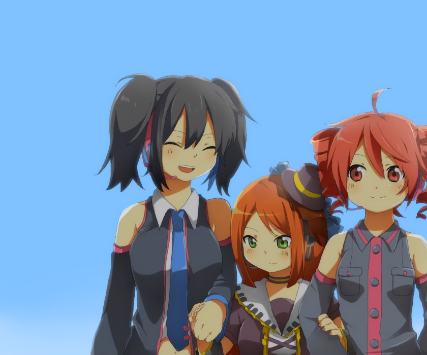 black_hair, detached_sleeves, green_eyes, hand_holding, hat, holding_hands, kasane_teto, mikota, mikota_(showata), mini_top_hat, namine_ritsu, red_eyes, red_hair, redhead, smile, top_hat, trap, twintails, utau, vippaloid, yokune_ruko